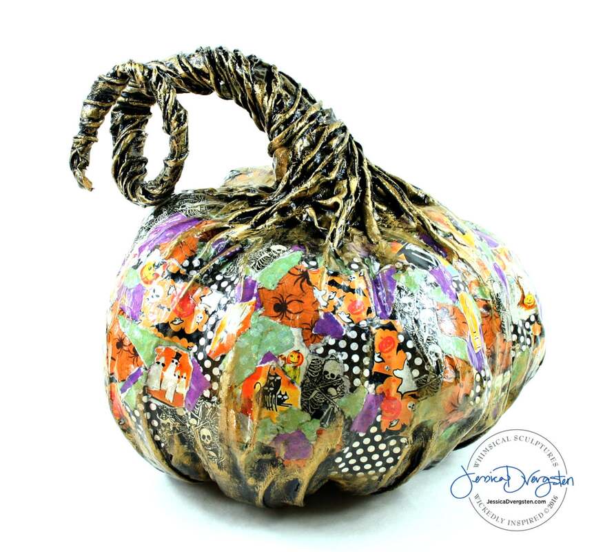 Jessica Dvergsten Halloween patchwork  paper mache pumpkin