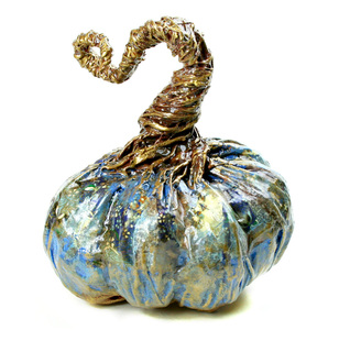 Artist Jessica Dvergsten's paper mache blue pumpkin Thanksgiving and Halloween decorations.