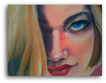 Oil Painting on canvas of a close up on a woman face with blue eyes titled 
