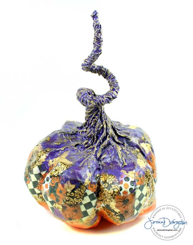 Jessica Dvergsten purple and gold patchwork paper mache pumpkin