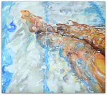 Painting of legs underwater in watercolor and colored pencil by sculpture artist Jessica Dvergsten 